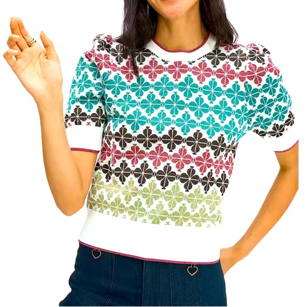 NWT Kate Spade Flower Puff Sleeve Sweater Multicolor XL